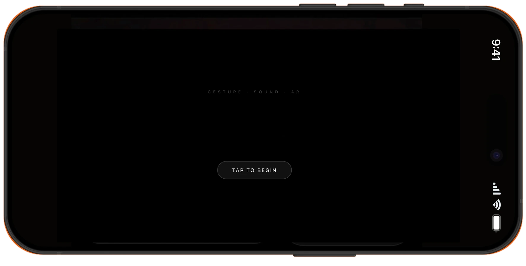 AetherPlay splash screen on a phone: Gesture · Sound · AR, the pixel AETHERPLAY logo and Tap to begin