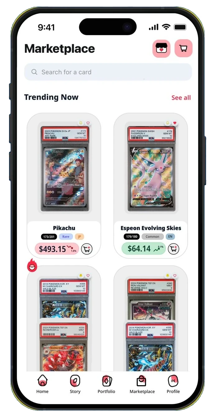 CardStory Marketplace tab with Trending Now