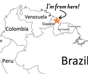 Map of northern South America with a star on Guyana and a note: I’m from here!