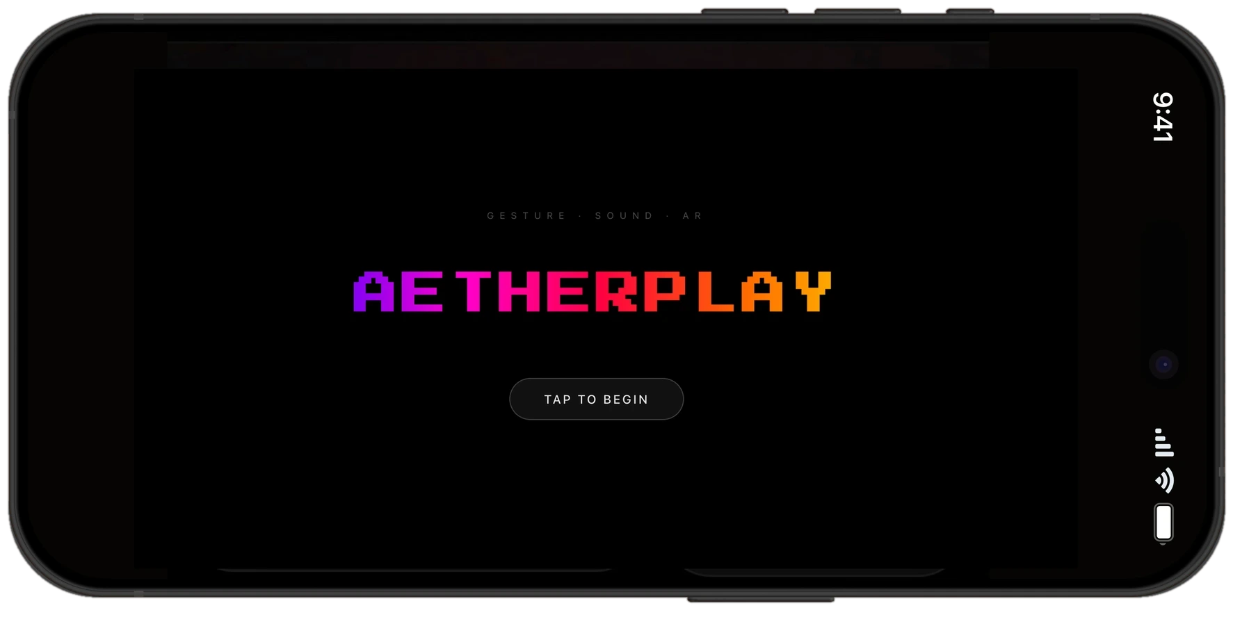AetherPlay splash screen on a phone: the AetherPlay logo with a Tap to begin button