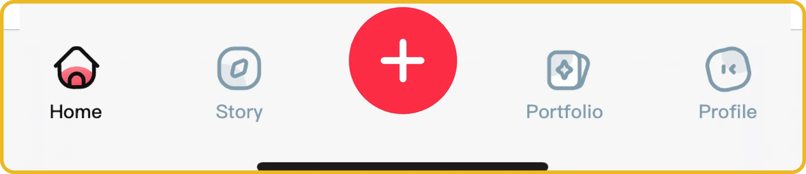 Zoomed nav bar: Home, Story, add, Portfolio, Profile, with no Marketplace tab